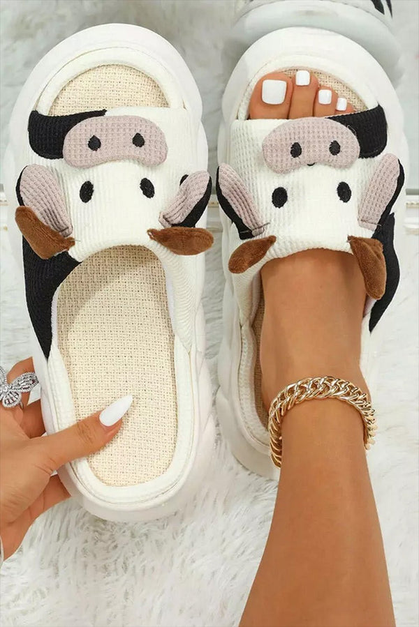 White Cute Cow Pattern Open Toe Slippers - Haven of Happiness