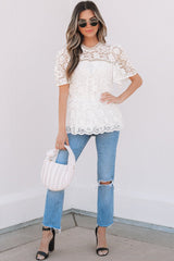 White Short Sleeve Scalloped Floral Lace Peplum Blouse - Haven of Happiness