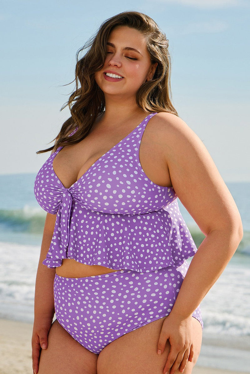 Purple Plus Size Polka Dot Print Ruffled Knotted V Neck Tankini Set - Haven of Happiness