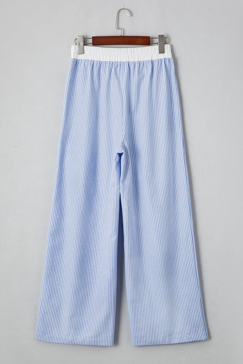 Sky Blue Stripe Wide Leg Buttoned Lace up Elastic High Waist Pants - Haven of Happiness