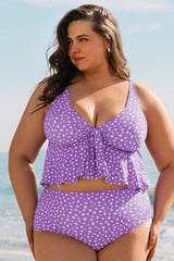 Purple Plus Size Polka Dot Print Ruffled Knotted V Neck Tankini Set - Haven of Happiness