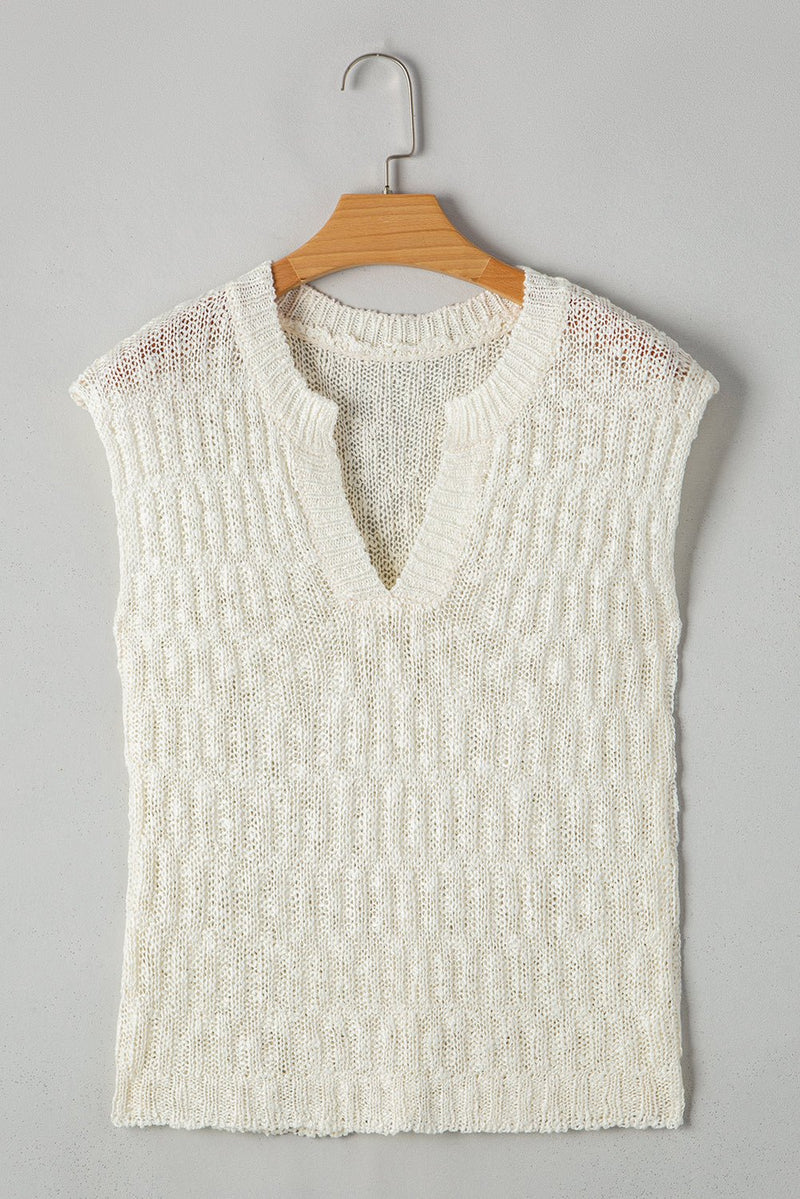 Beige Notched V Neck Short Sleeve Sweater - Haven of Happiness