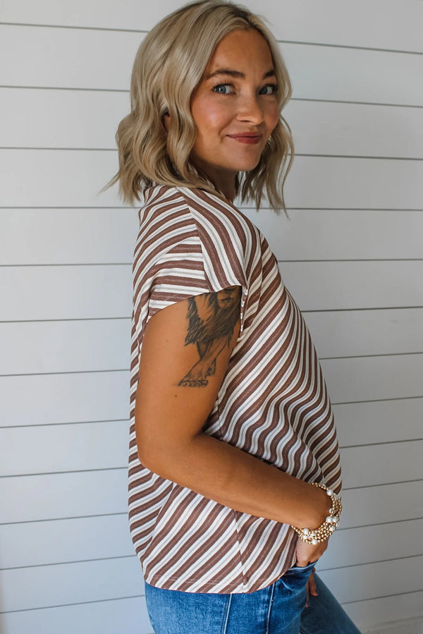 Chestnut Striped Stand V Neck Short Sleeve Blouse - Haven of Happiness