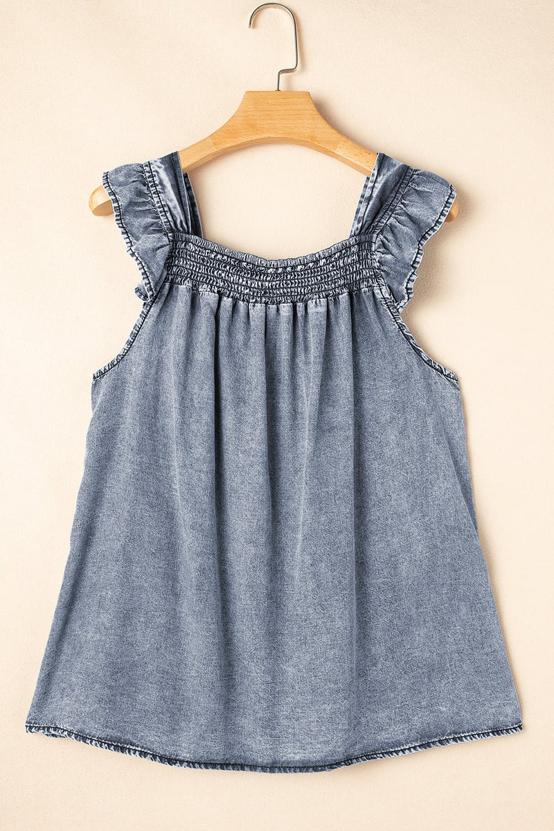 Ashleigh Blue Ruffled Shirred Neckline Sleeveless Denim Tank Top - Haven of Happiness