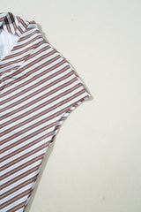 Chestnut Striped Stand V Neck Short Sleeve Blouse - Haven of Happiness