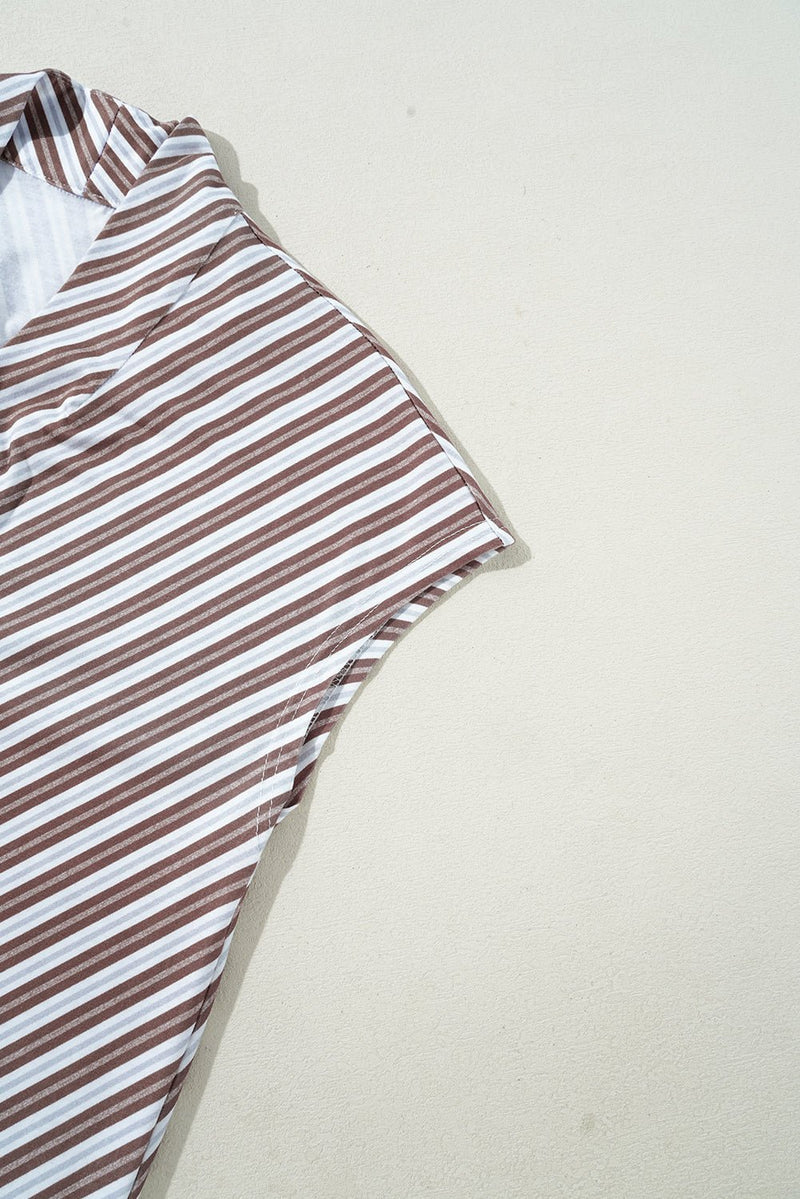 Chestnut Striped Stand V Neck Short Sleeve Blouse - Haven of Happiness