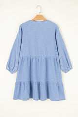 Beau Blue Puff Sleeve V Neck Tiered Ruffled Chambray Mini Dress - Haven of Happiness