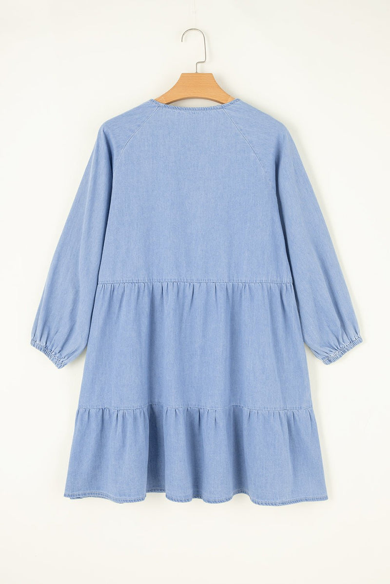 Beau Blue Puff Sleeve V Neck Tiered Ruffled Chambray Mini Dress - Haven of Happiness