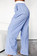 Sky Blue Stripe Wide Leg Buttoned Lace up Elastic High Waist Pants - Haven of Happiness