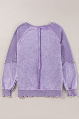 Orchid Petal Solid Waffle Knit Patchwork Raglan Sleeve Sweatshirt - Haven of Happiness