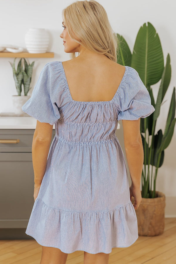 Sky Blue Stripe Bubble Sleeve Square Neck Ruched Pocketed Babydoll Dress - Haven of Happiness