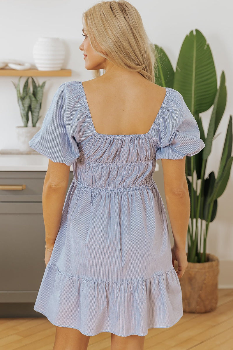 Sky Blue Stripe Bubble Sleeve Square Neck Ruched Pocketed Babydoll Dress - Haven of Happiness