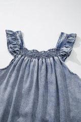 Ashleigh Blue Ruffled Shirred Neckline Sleeveless Denim Tank Top - Haven of Happiness