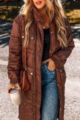 Coffee Quilted Puffer Stand Neck Zipped Mid - length Coat - Haven of Happiness