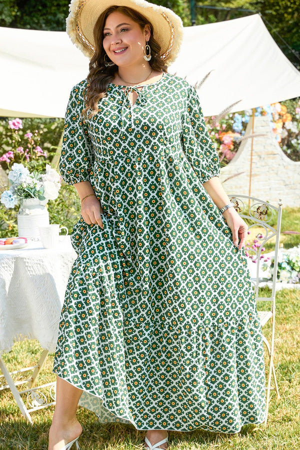 Green Geometric Floral Print Half Sleeve Plus Size Maxi Dress - Haven of Happiness