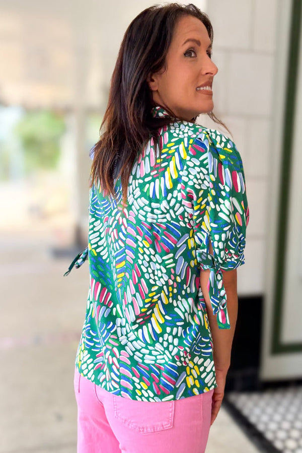 Green Abstract Print Knotted Short Sleeve Plus Size Blouse - Haven of Happiness