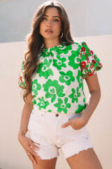 Green Contrast Embroidered Puff Short Sleeve Floral Blouse - Haven of Happiness