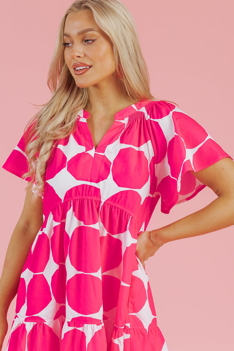 Rose Polka Dot Flutter Sleeve Notched Neck Tiered Flowy Dress