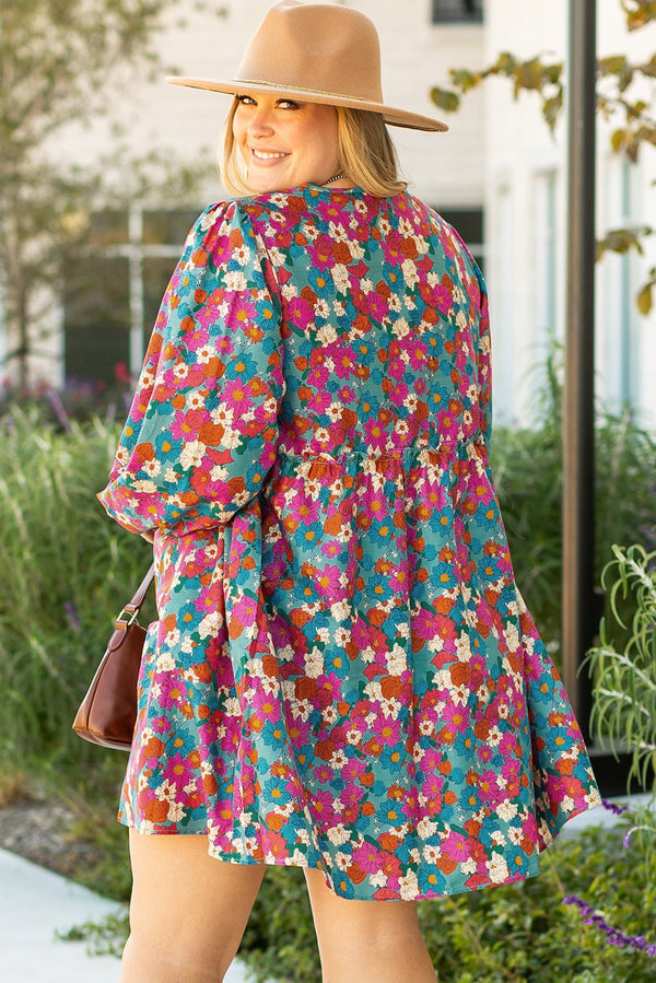 Sky Blue Plus Size Floral Print Shirred Ruffle Tiered Mini Dress - Haven of Happiness