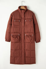 Coffee Quilted Puffer Stand Neck Zipped Mid - length Coat - Haven of Happiness