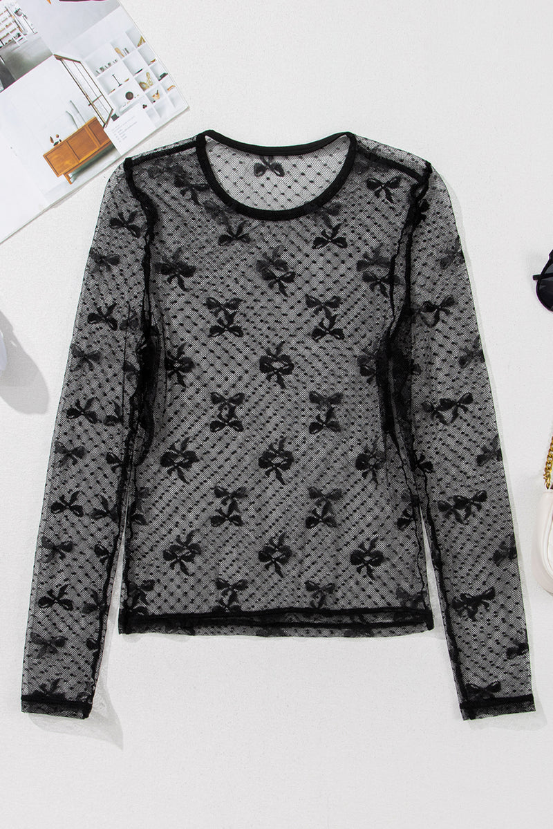 Black Bow Pattern Accent Mesh Long Sleeve Top