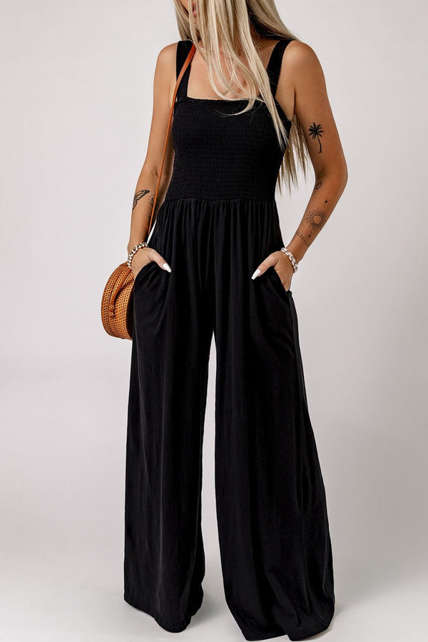 Black Smocked Sleeveless Wide Leg Jumpsuit with Pockets - Haven of Happiness