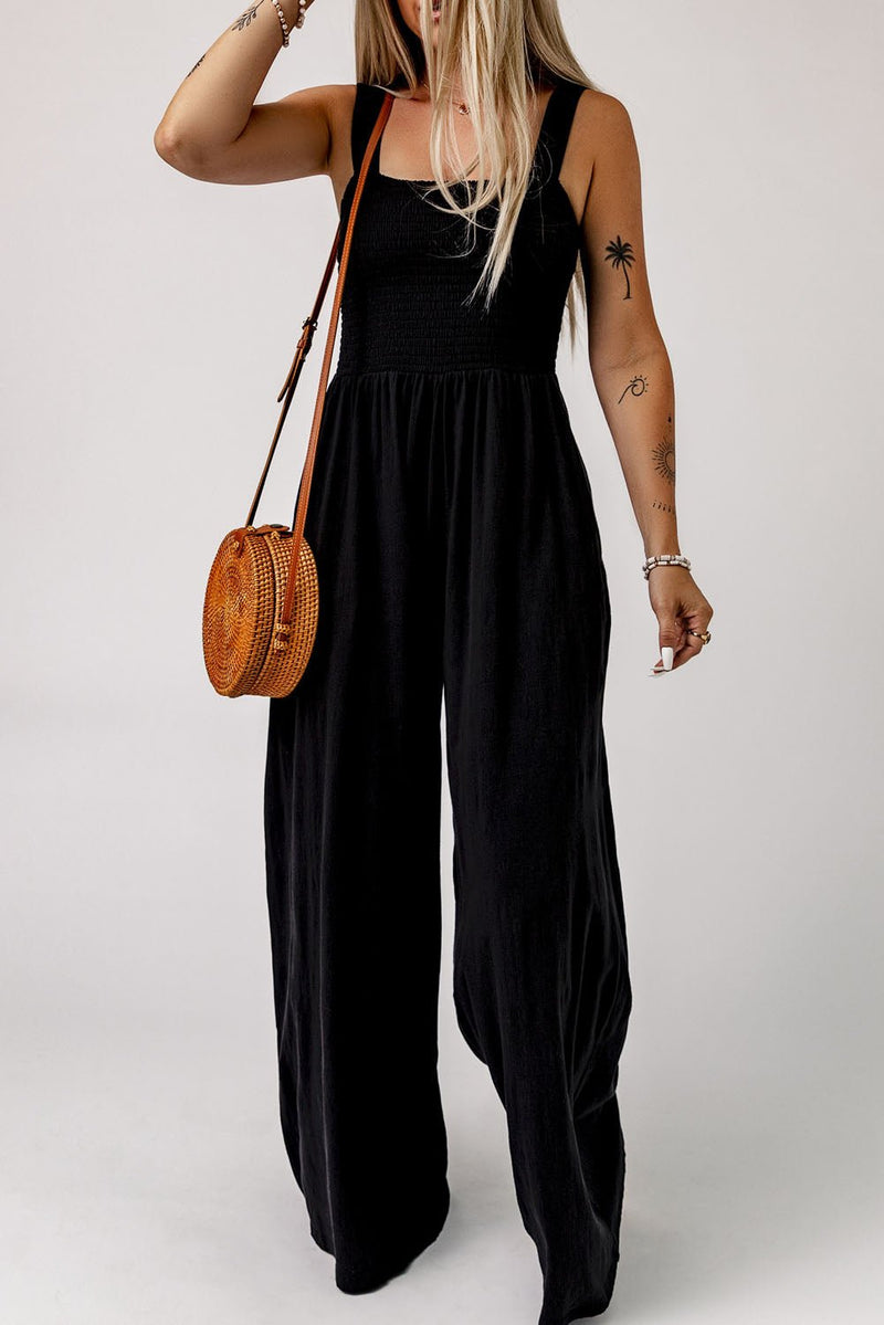 Black Smocked Sleeveless Wide Leg Jumpsuit with Pockets - Haven of Happiness