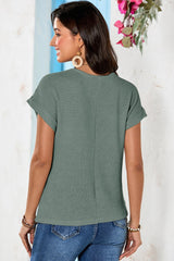 Mist Green Lace Patchwork Waffle Short Sleeve Top - Haven of Happiness