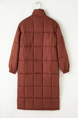 Coffee Quilted Puffer Stand Neck Zipped Mid - length Coat - Haven of Happiness