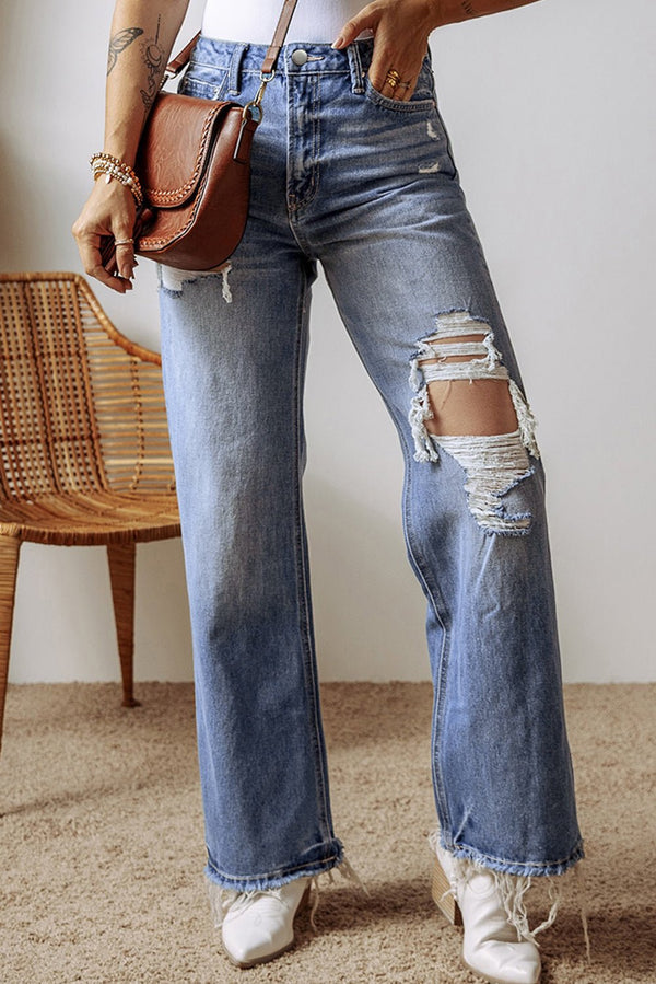 Ashleigh Blue Distressed Raw Hem Straight Leg High Waist Jeans - Haven of Happiness