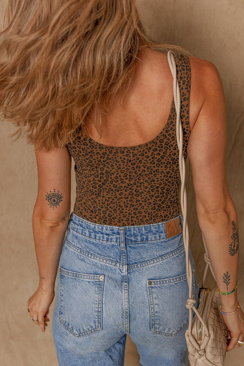 Brown Leopard Printed Sleeveless Scoop Neck Bodysuit - Haven of Happiness