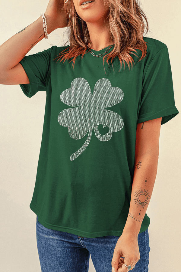 Green Rhinestone Four Leaf Clover Graphic St Patrick Crewneck Tee - Haven of Happiness