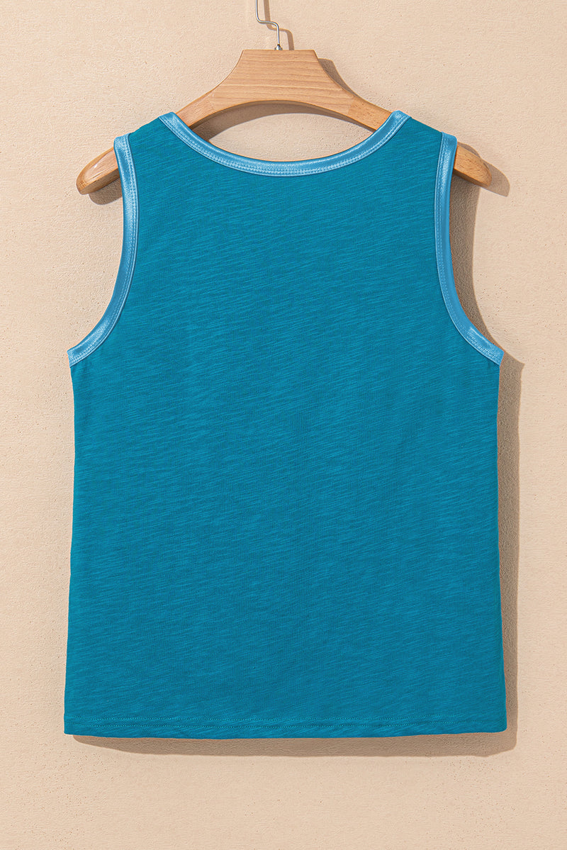 Peacock Blue Metallic Sheen Edge Scoop Neck Tank Top