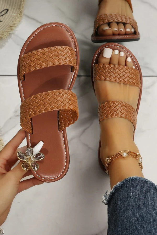 Chestnut Braided Double Band Leathered Flat Slippers