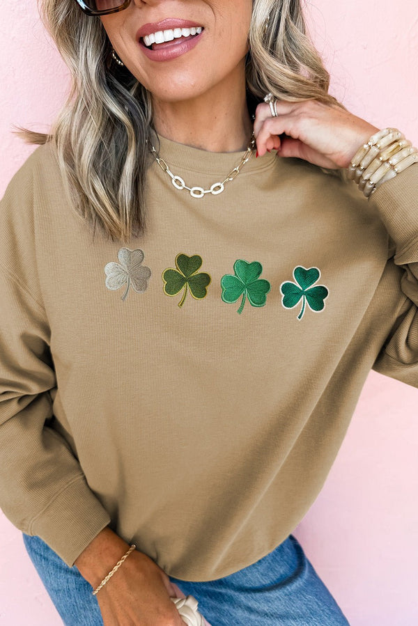 Khaki Embroidered Clover Pattern St Patrick Pullover Sweatshirt - Haven of Happiness