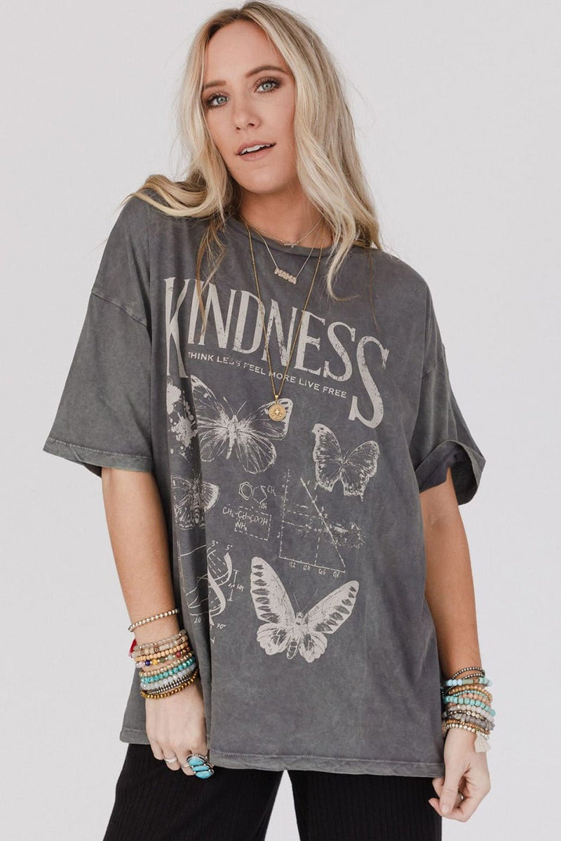 Dark Grey Kindness Butterflies Graphic Mineral Wash Loose Tee - Haven of Happiness