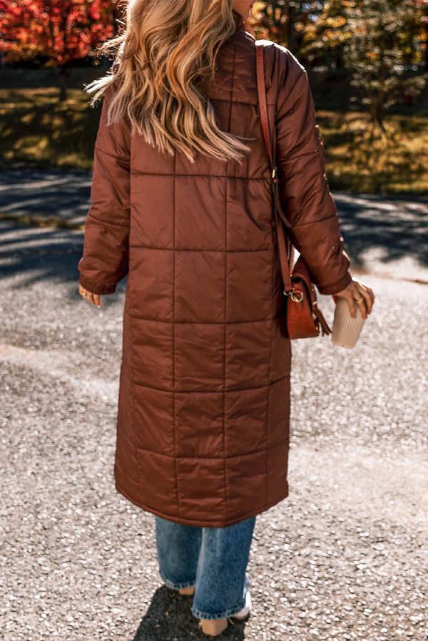 Coffee Quilted Puffer Stand Neck Zipped Mid - length Coat - Haven of Happiness