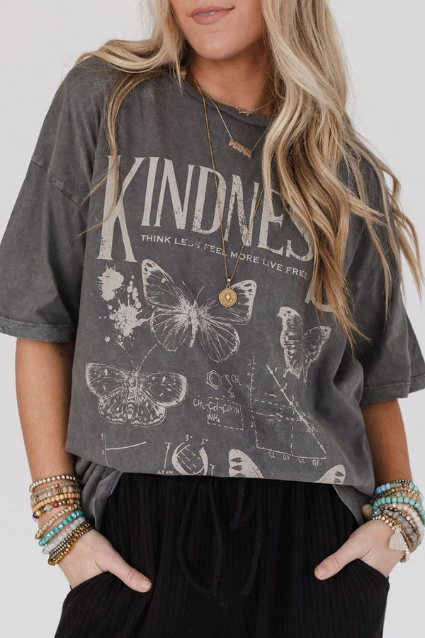 Dark Grey Kindness Butterflies Graphic Mineral Wash Loose Tee - Haven of Happiness