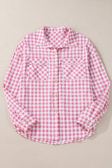 Pink Gingham Print Chest Pockets Buttoned Collared Shirt - Haven of Happiness