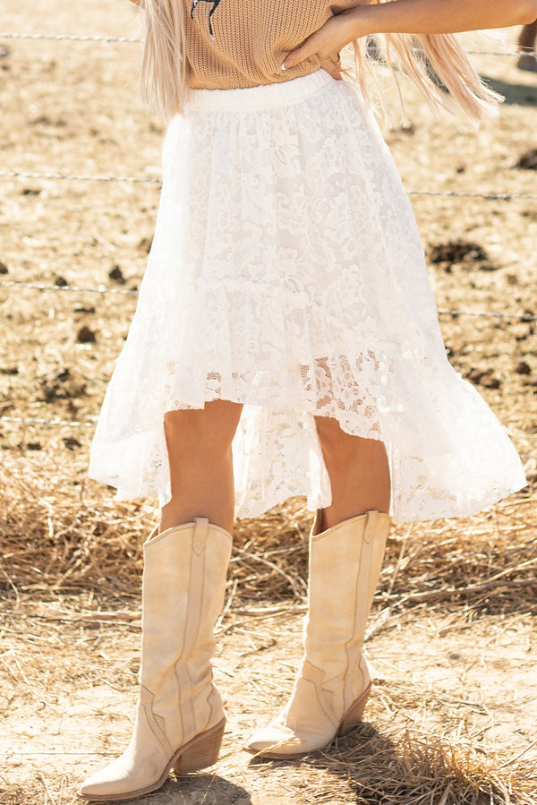 White Lace Ruffled High-low Hem Midi Skirt