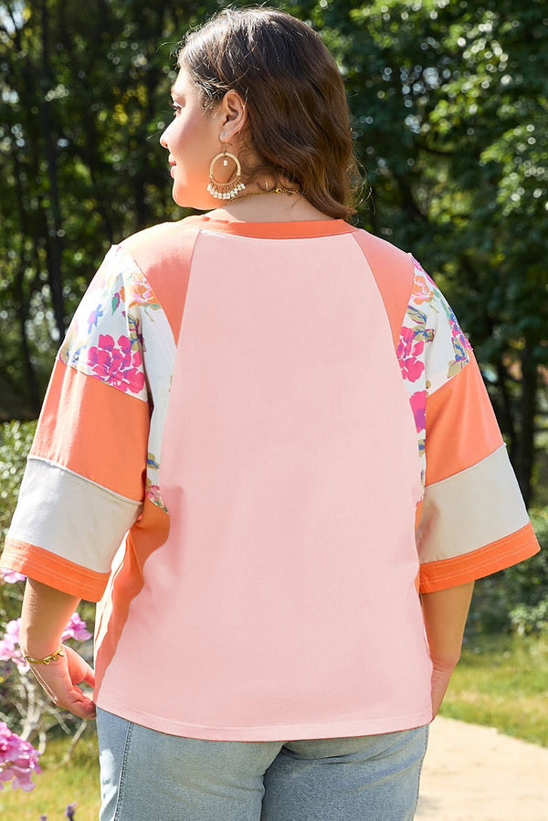 Orange Plus Size Floral Print Patchwork Raglan Half Sleeve Top - Haven of Happiness