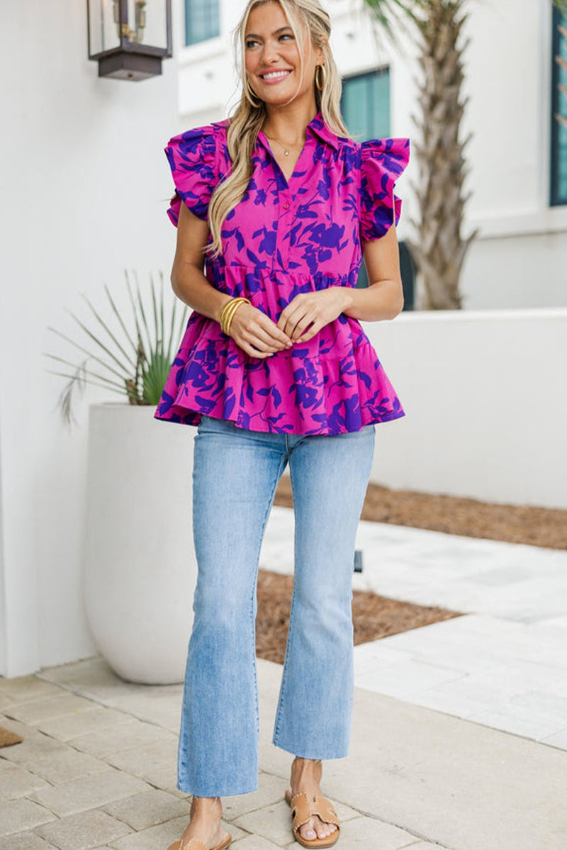 Rose Floral Print Collared Button Neckline Flutter Sleeve Blouse - Haven of Happiness