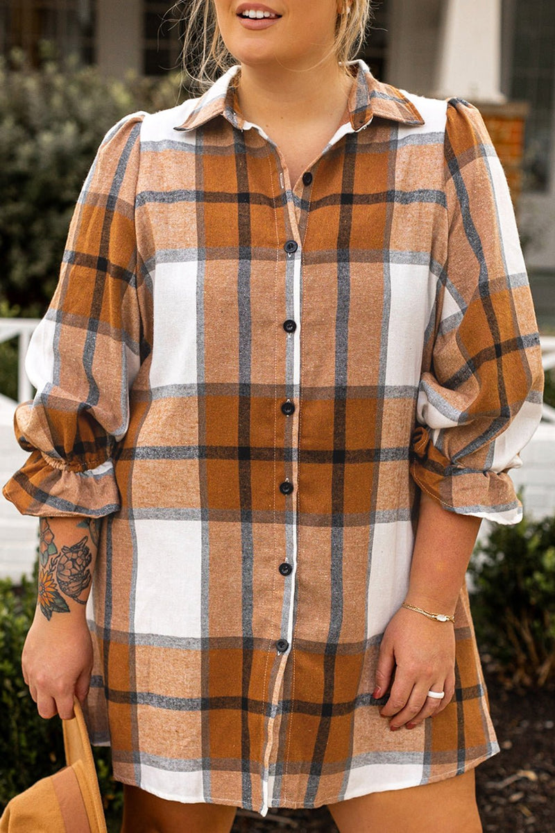 Khaki Plus Size Plaid Flounce Sleeve Button up Shirt Dress - Haven of Happiness