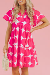 Rose Polka Dot Flutter Sleeve Notched Neck Tiered Flowy Dress