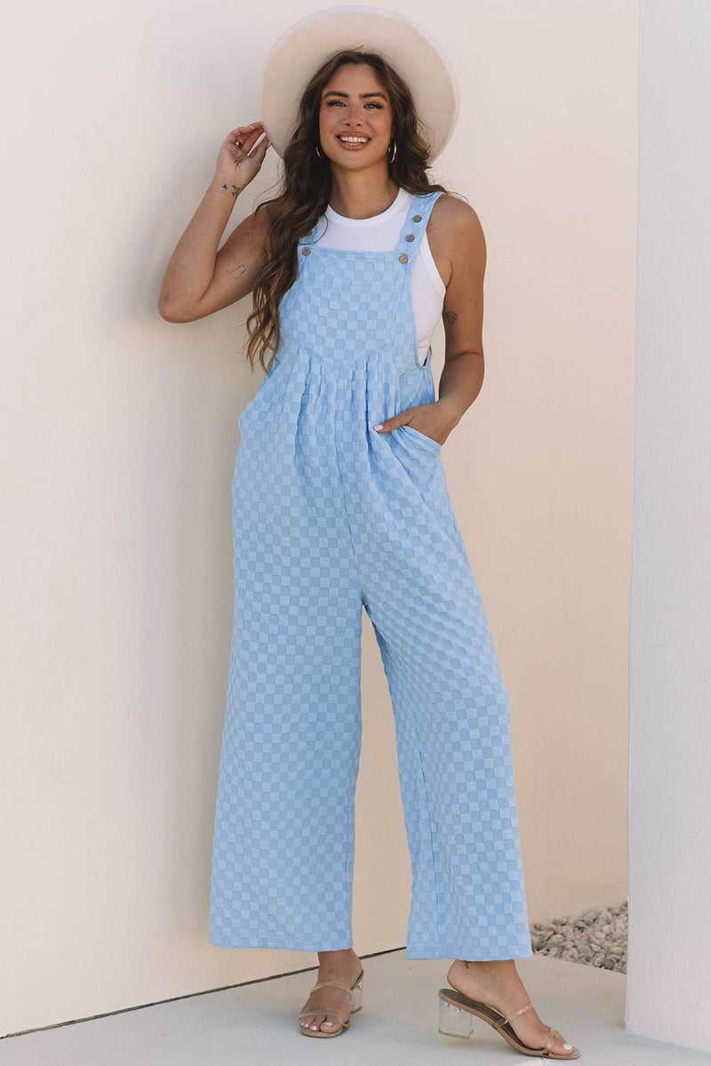 Beau Blue Checkered Pocketed High Waist Wide Leg Overall - Haven of Happiness