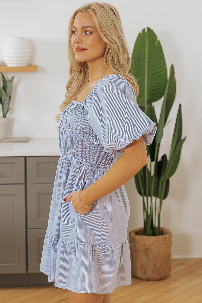 Sky Blue Stripe Bubble Sleeve Square Neck Ruched Pocketed Babydoll Dress - Haven of Happiness