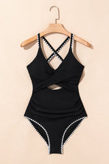 Black Ric Rac Trim Contrasted Patchwork Cutout One Piece Swimsuit