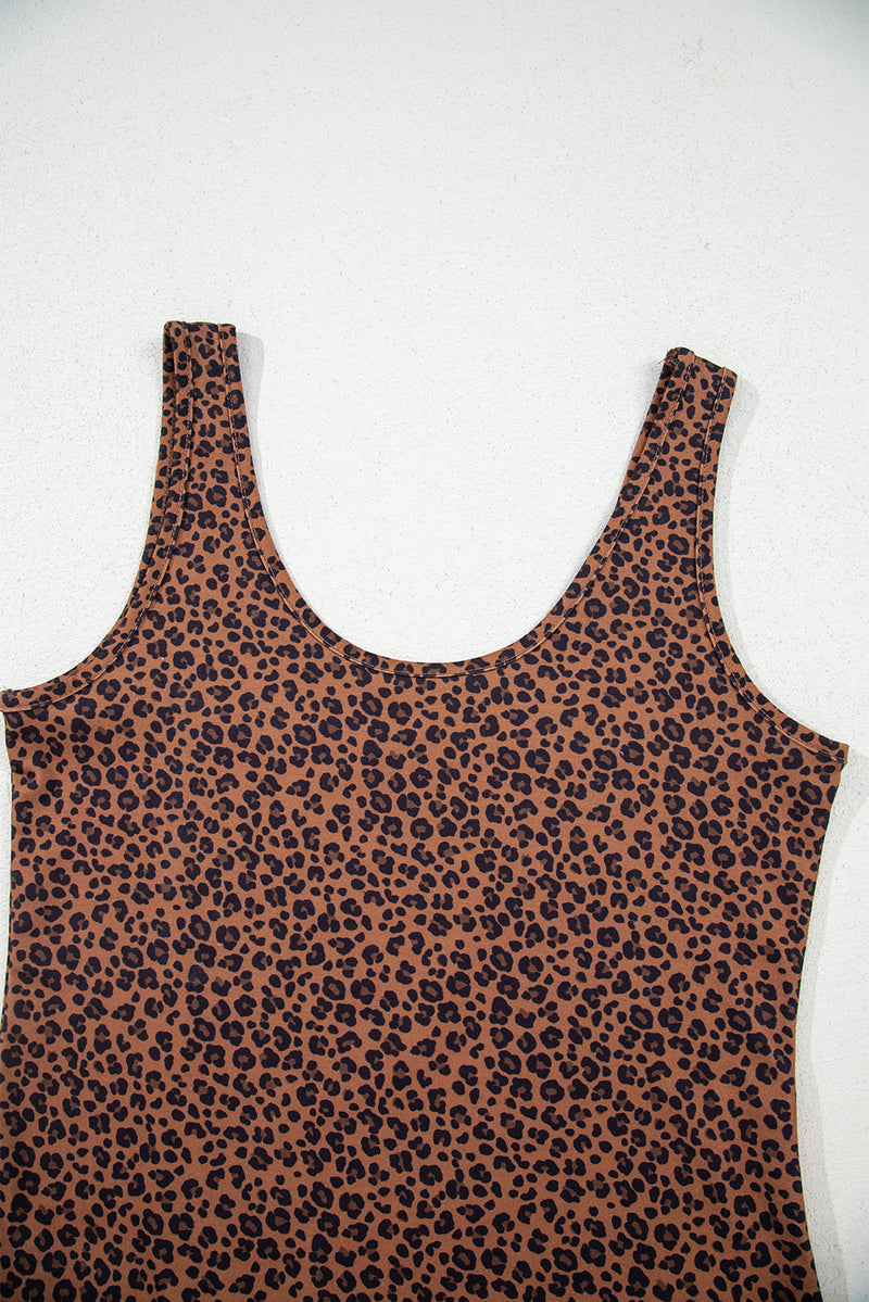 Brown Leopard Printed Sleeveless Scoop Neck Bodysuit