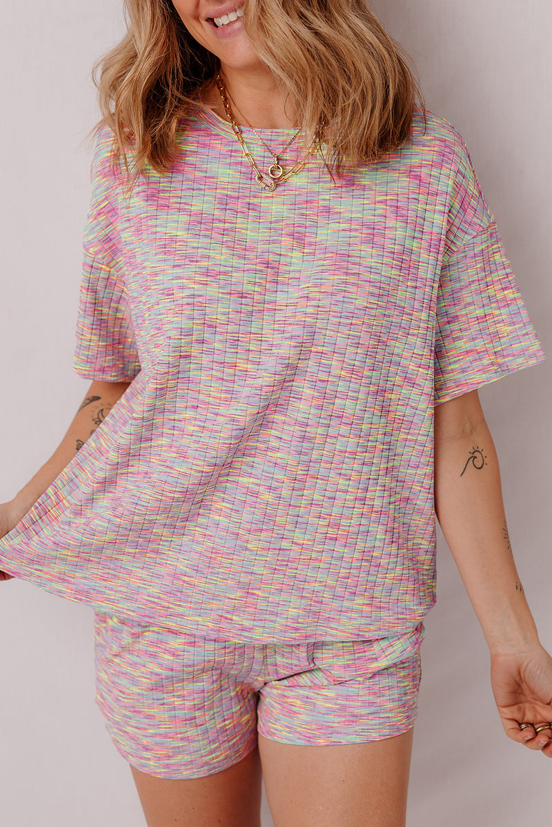 Multicolour Printed Ribbed Knit T Shirt and Shorts Lounge Set