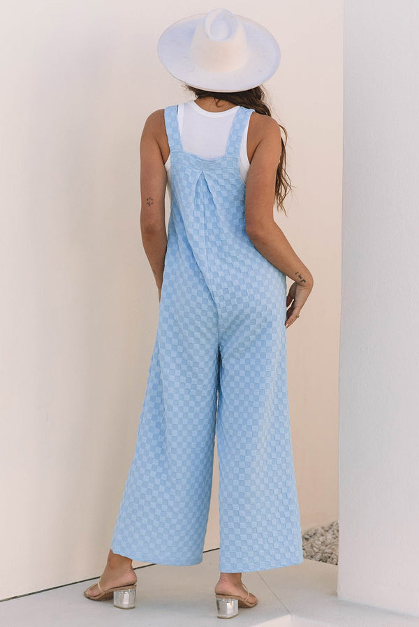 Beau Blue Checkered Pocketed High Waist Wide Leg Overall - Haven of Happiness